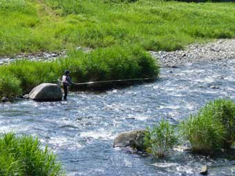 藤琴川で渓流釣りをする人。